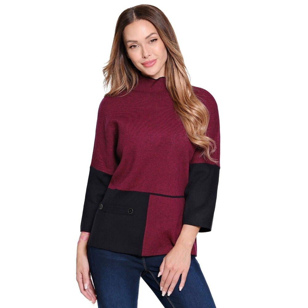 Ali Miles Colorblock Mock Neck Sweater L Red Black Dolman Sleeve Artsy Lagenlook